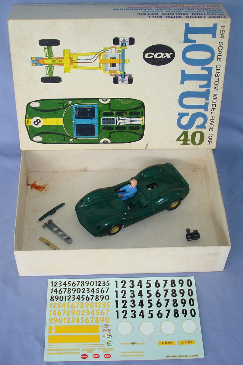 COX 1:24 Scale Slot Car Racing Jim Clark Lotus 40 Sidewinder Chassis Box Contents COX 1:24 Scale Slot Car Racing Jim Clark Lotus 40 Sidewinder Chassis Box Contents