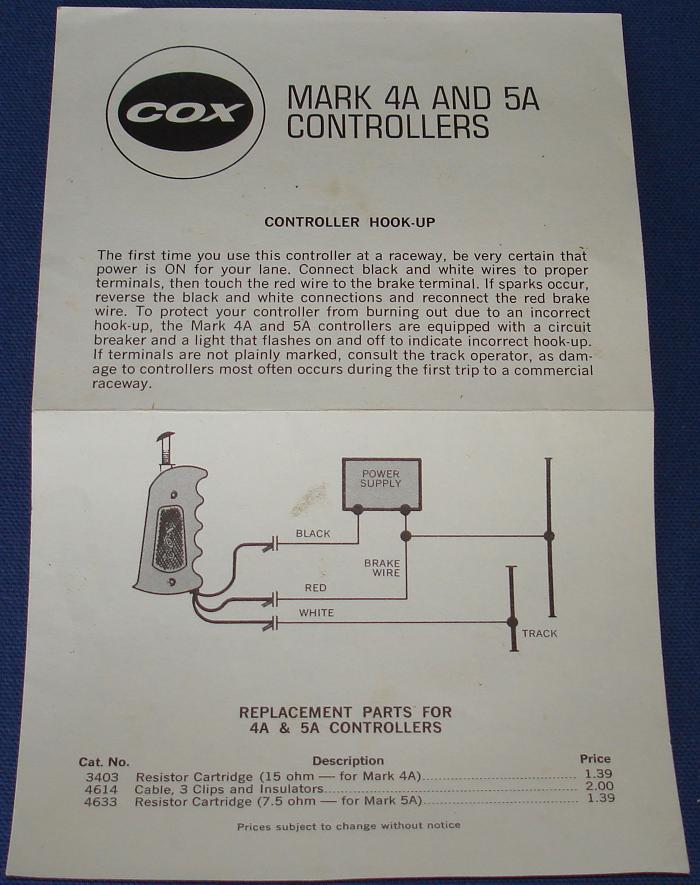 Cox 124 Scale Slot Car Racing Mark 4A 5A Track Controller Instructions