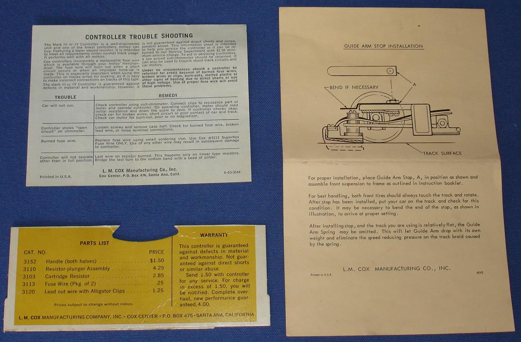 Cox 124 Scale Slot Car Racing Controller Guide Arm Instructions
