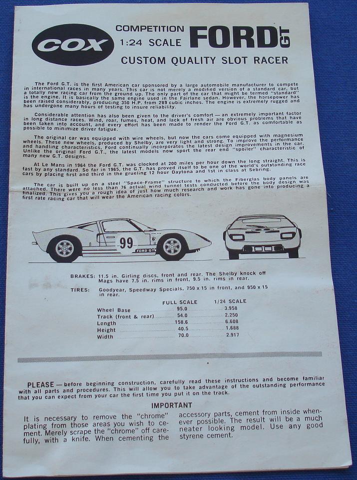 Cox 124 Scale Ford GT Slot Car Kit Instruction Sheet
