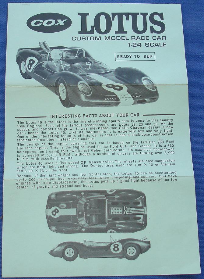 Cox 124 Scale Lotus 40 Slot Car Kit Instruction Sheet