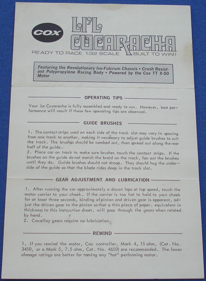 Cox 132 Scale RTR Ready To Run Lil Cucaracha Slot Car Instruction Sheet