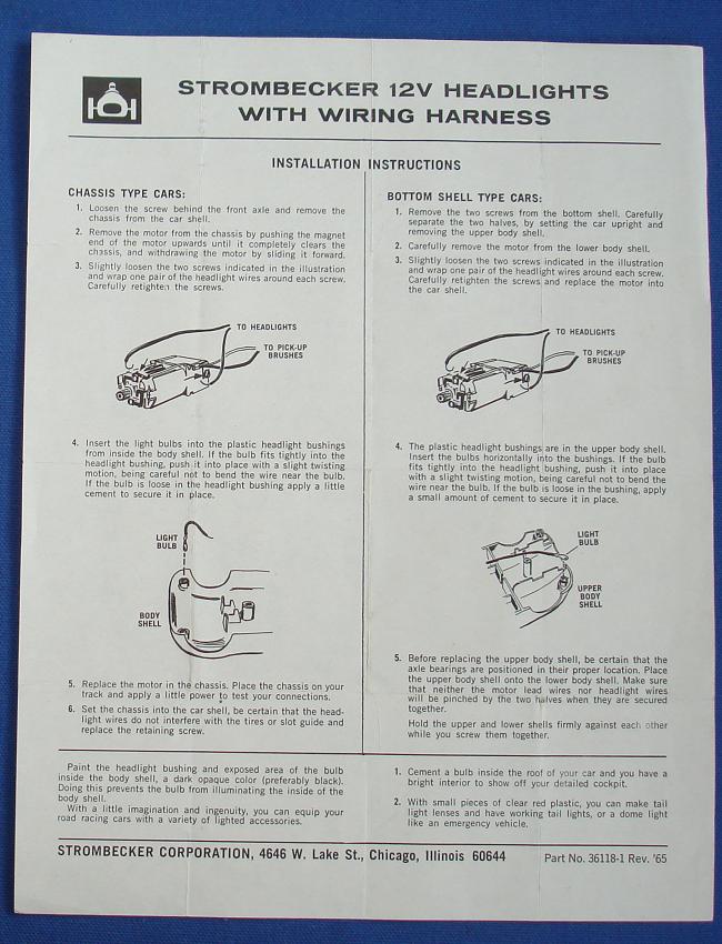 Strombecker 1/32 Electric Road Racing Slot Car 12V Headlights Wiring Harness Instructions