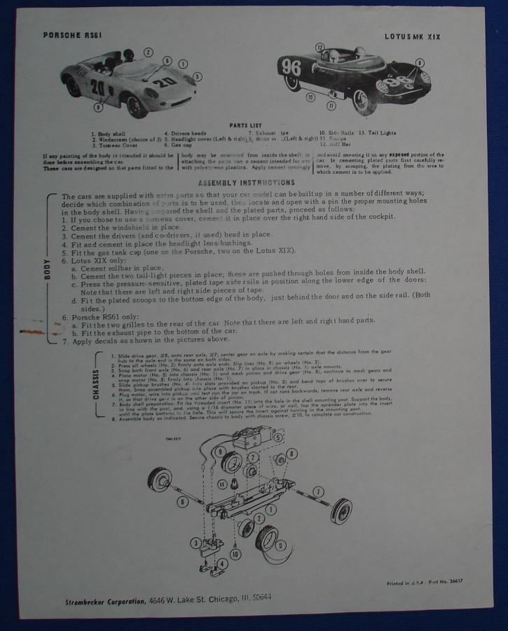 Strombecker 1/32 Electric Road Racing Slot Car Porsche RS61 Lotus MK XIX Instructions