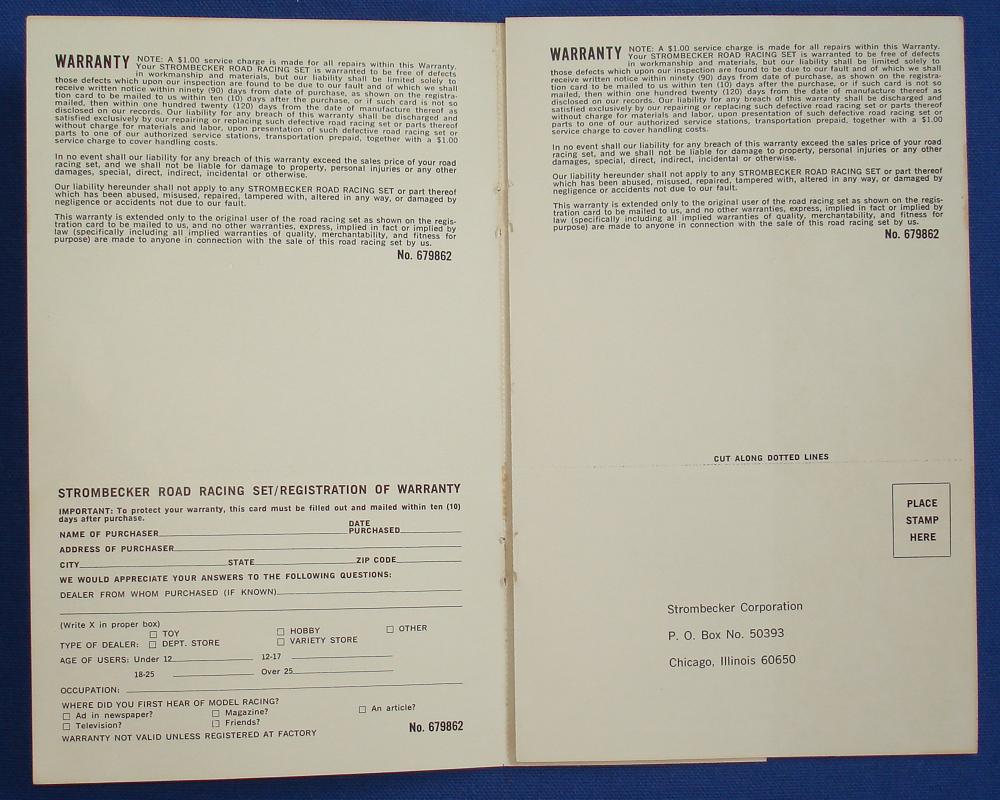 Strombecker 1/32 Electric Road Racing Slot Car Track Set Warranty Cards Instructions