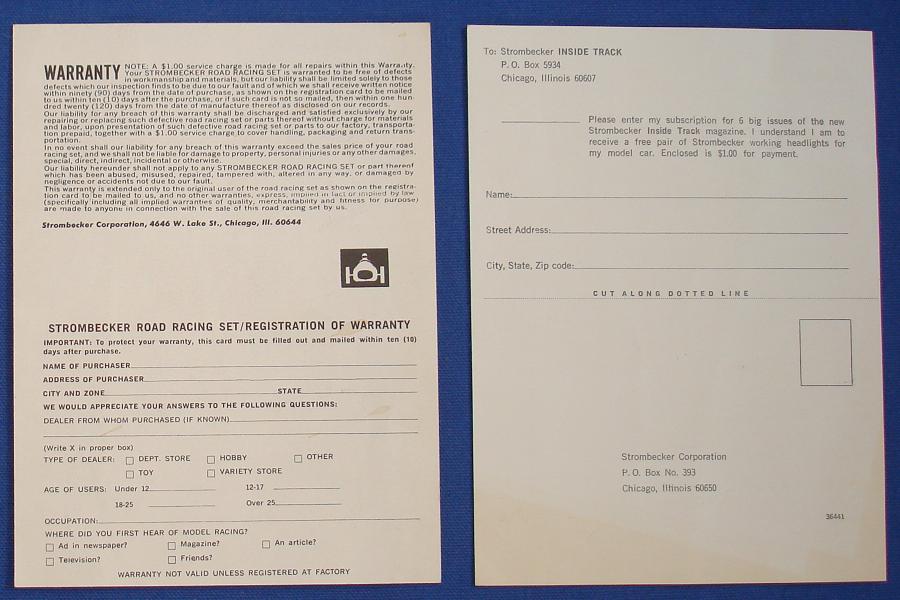 Strombecker 1/32 Electric Road Racing Slot Car Track Set Warranty Cards Instructions