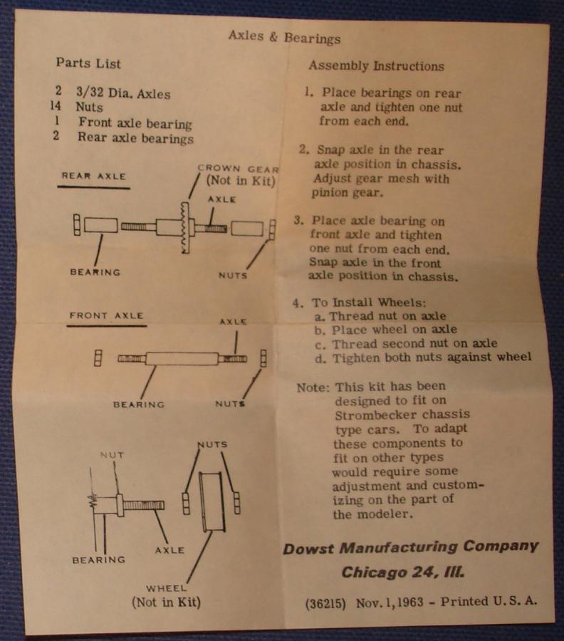 Strombecker 1/32 Electric Road Racing Slot Car Parts Axles & Bearings Instructions