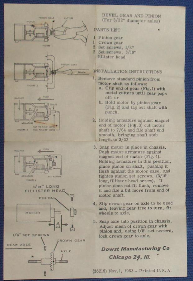 Strombecker 1/32 Electric Road Racing Slot Car Parts Bevel Crown Gear & Pinion Instructions