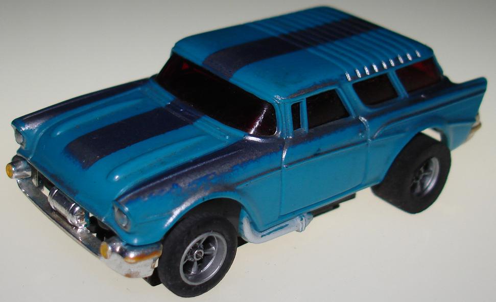 Box 55 AFX 57 Chevy Nomad HO Silver Striped Blue Body Slot Car Hood