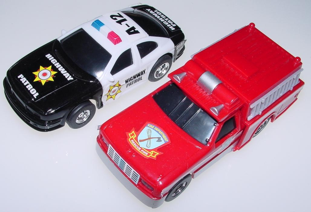 1:43 Scale Black & White Police Car & Red Fire Engine Slot Cars Hoods 1:43 Scale Black & White Police Car & Red Fire Engine Slot Cars Hoods