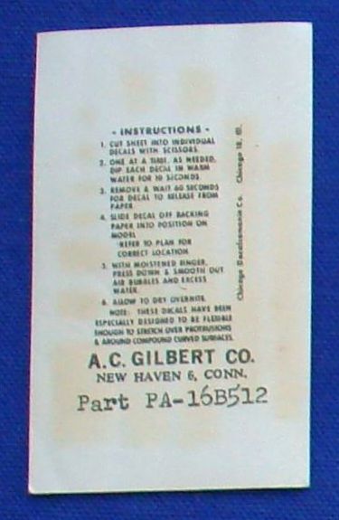 AC Gilbert American Flyer Auto Rama Slot Car Decal Sheet Instructions