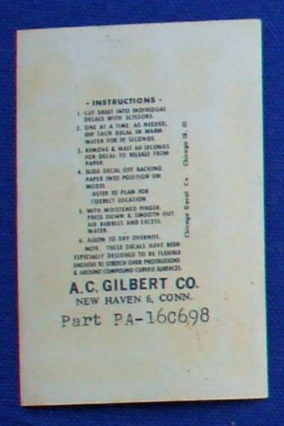 AC Gilbert American Flyer Auto Rama Slot Car Decal Sheet Instructions
